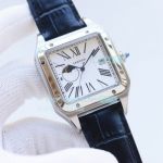 Replica Cartier Santos Automatic Watch White Dial Black Leather Strap Silver Bezel Stainless Steel watch Case